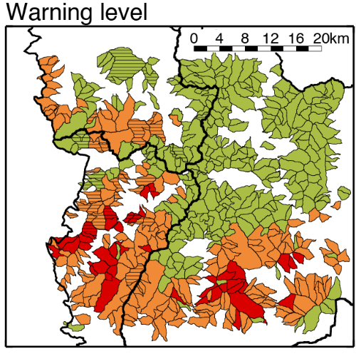 Rainrate (left) and landslide warning level (right, where green, orange and red correspond to low, moderate and high levels) corresponding to the situation of 23 Jul 2010 at 0130 UTC in the Eastern Pyrenees.