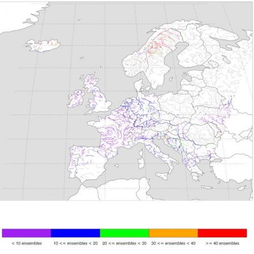 Number of ensemble members showing drought at the network of major European rivers (situation: end of 1st month).