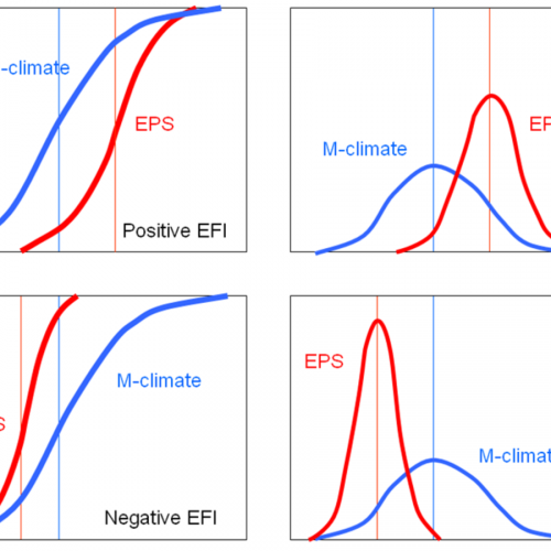 The EFI can have both negative and positive values: positive for positive anomalies (upper figures) and negative for negative anomalies (lower figures).